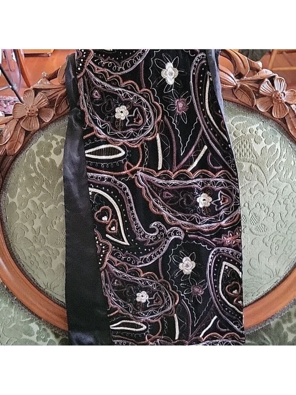 ECHO Anthropologie Embroidered 60" Long Black Silk Floral Paisley Scarf Wrap